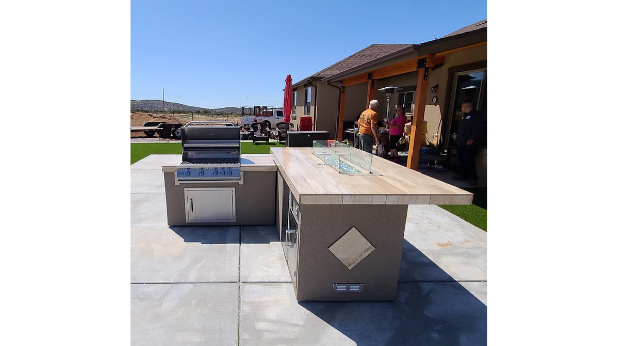 Kokomo Baja/Fire L-Shaped BBQ Island with Fire-pit, 4 Burner BBQ, Outdoor Refrigerator