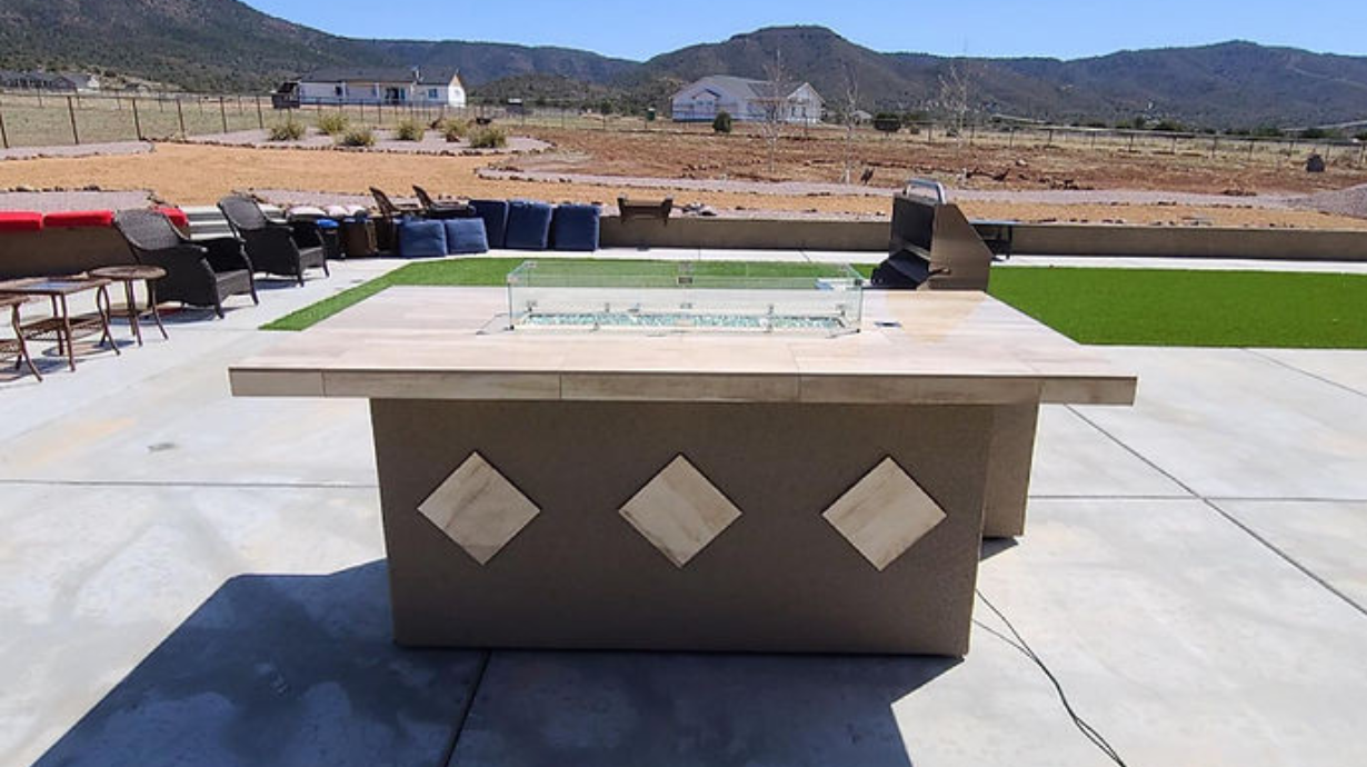 Kokomo Baja/Fire L-Shaped BBQ Island with Fire-pit, 4 Burner BBQ, Outdoor Refrigerator