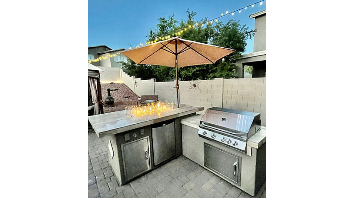 Kokomo Baja/Fire L-Shaped BBQ Island with Fire-pit, 4 Burner BBQ, Outdoor Refrigerator