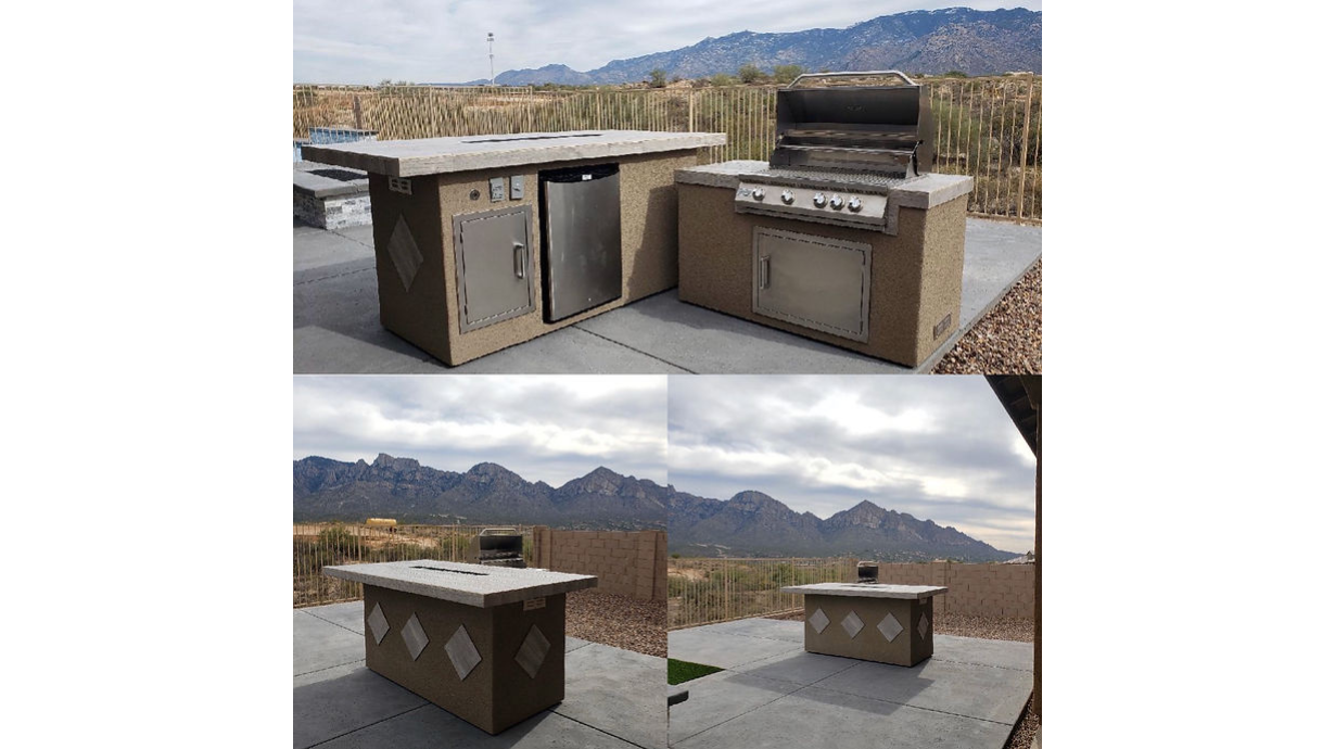 Kokomo Baja/Fire L-Shaped BBQ Island with Fire-pit, 4 Burner BBQ, Outdoor Refrigerator