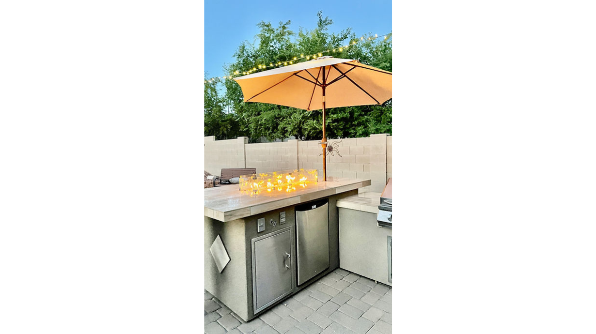 Kokomo Baja/Fire L-Shaped BBQ Island with Fire-pit, 4 Burner BBQ, Outdoor Refrigerator