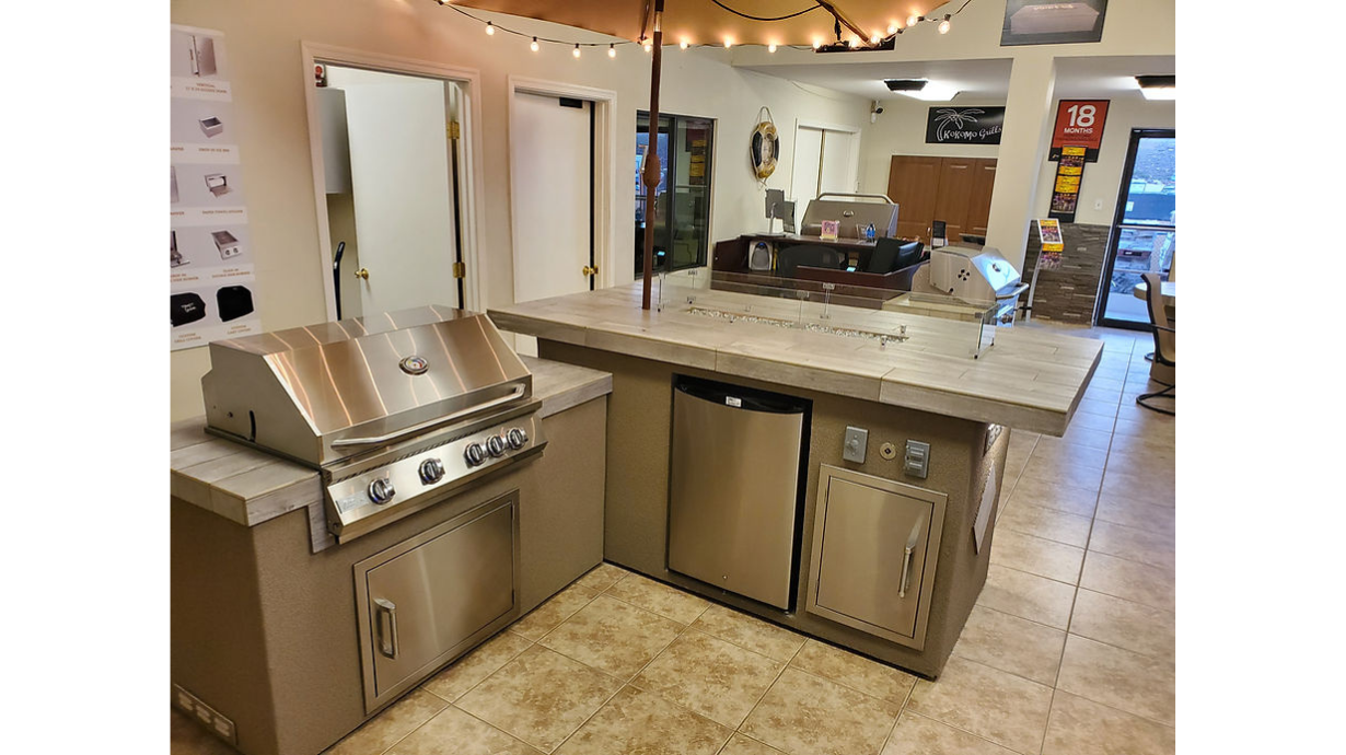 Kokomo Baja/Fire L-Shaped BBQ Island with Fire-pit, 4 Burner BBQ, Outdoor Refrigerator